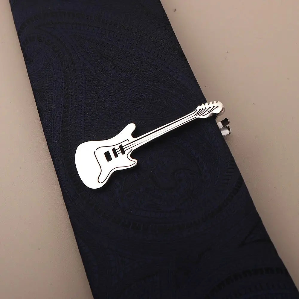 Treble Clef Guitar Tie Clip Titanium Steel Instrument Music Note Tie Pin Hip Hop Punk Piano Necktie Buckle Concert Accessories