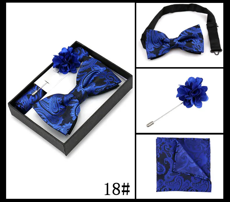 Classic High Quality Bow Tie Set Box Gift For Men Fashion Elegant Bowtie Handchief And Brooch Set Wedding Business Accessories
