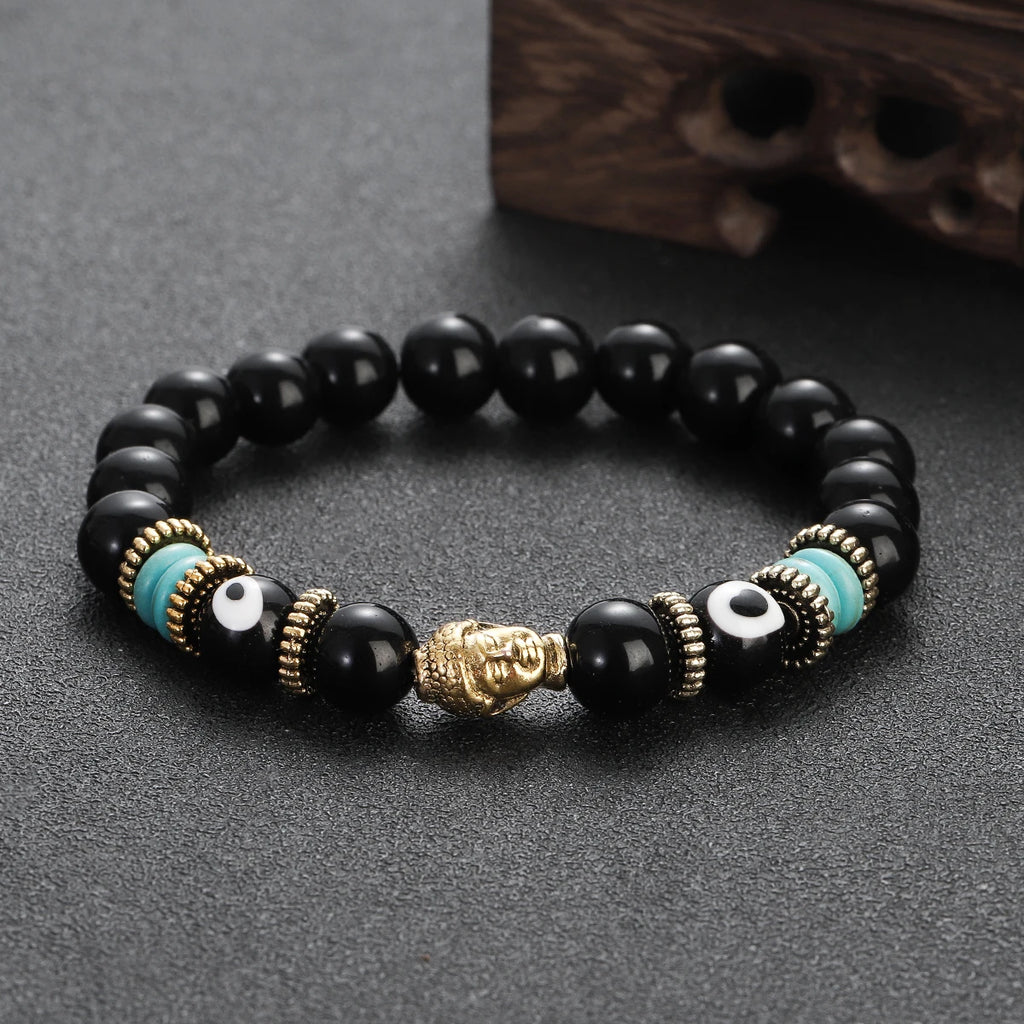 Classic Buddha&Evil Eye Bracelet Women Men 10mm Round Turquoises Blue Stone Bangles Handmade Elastic Yoga Bracelet