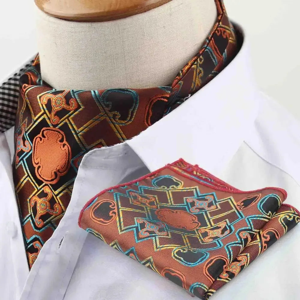 Polyester Cravat Pocket Square Set Formal Necktie Handkerchief Ascot Self Tie Polka Dot Paisley Design Gentleman Necktie Gifts