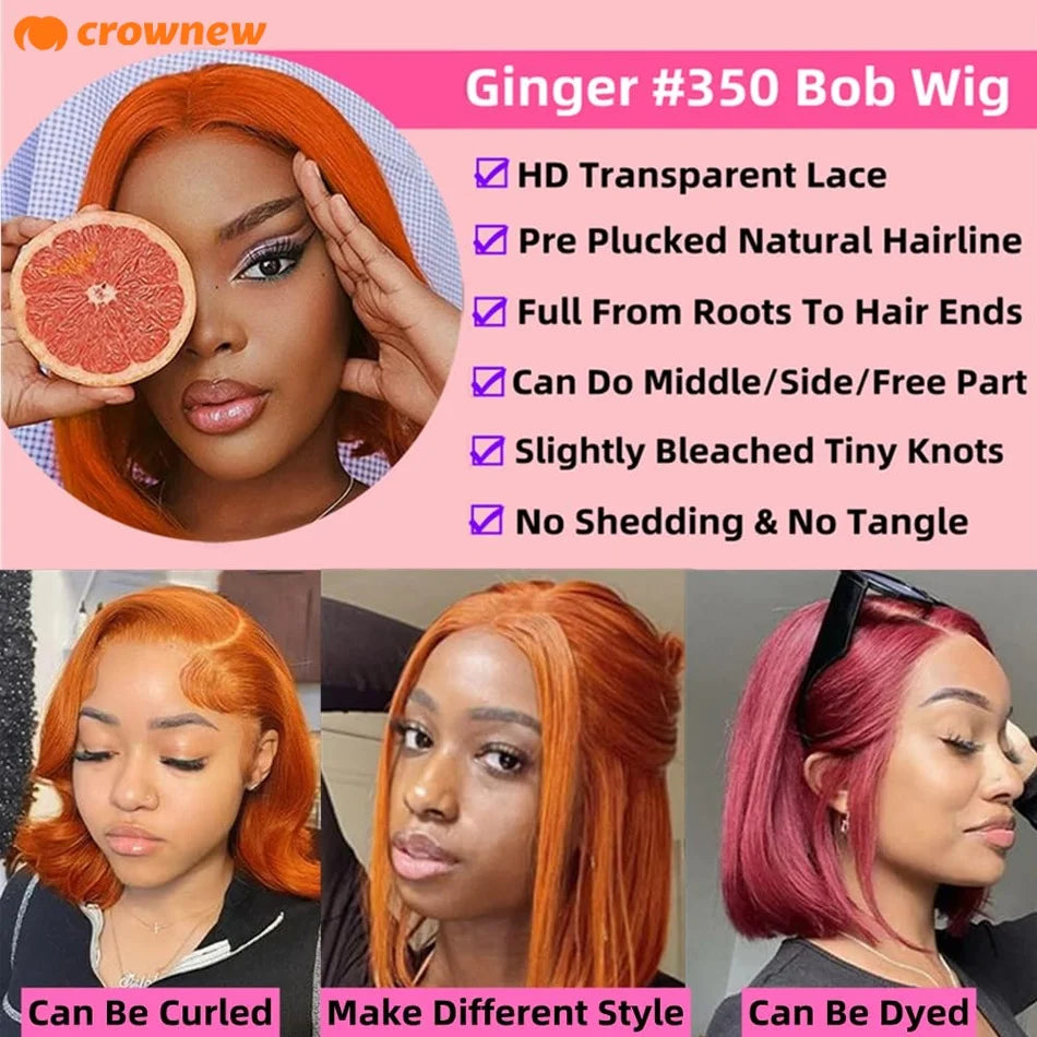 Ginger Human Hair Wig #350 Colored Straight Bob Hair Wig Human Hair 13X4 Hd Lace Frontal Wigs Preplucked 100% Human Hair Wig