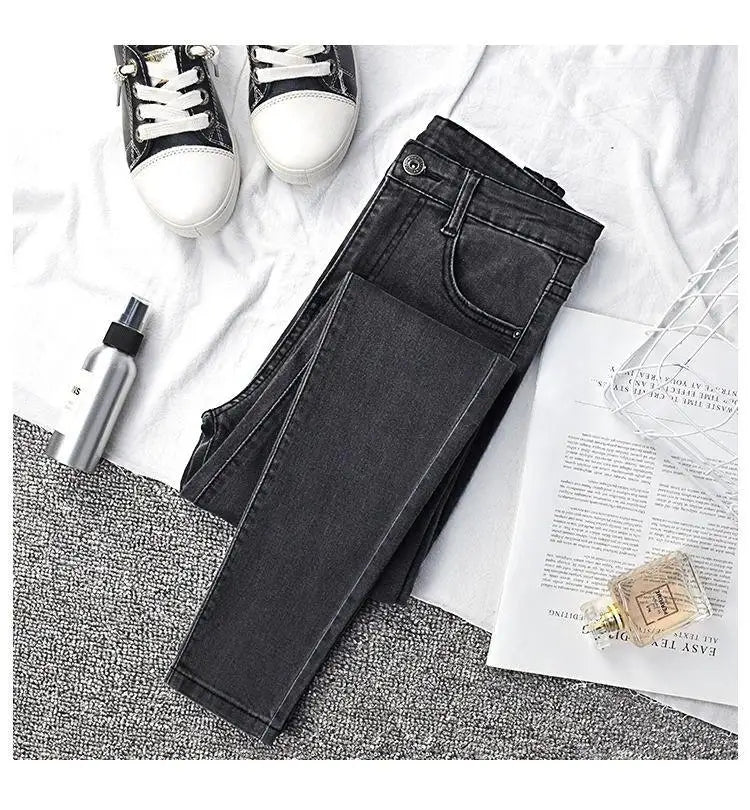 High Waist Slim Fit Jeans Women's Elastic Stretchy Nine Points Pants Spring Autumn Fashionable Casual Straight Leg Trousers