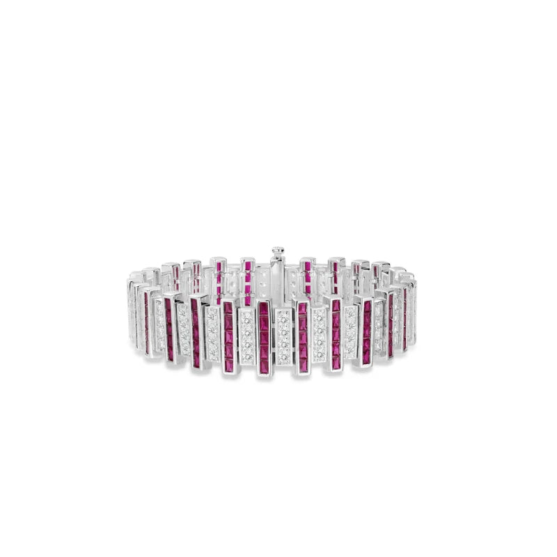 Bellux 925 Silver Synthetic Zirconia Bracelet Red And White Square Diamonds Fully Bejeweled  Jewelry Accessory