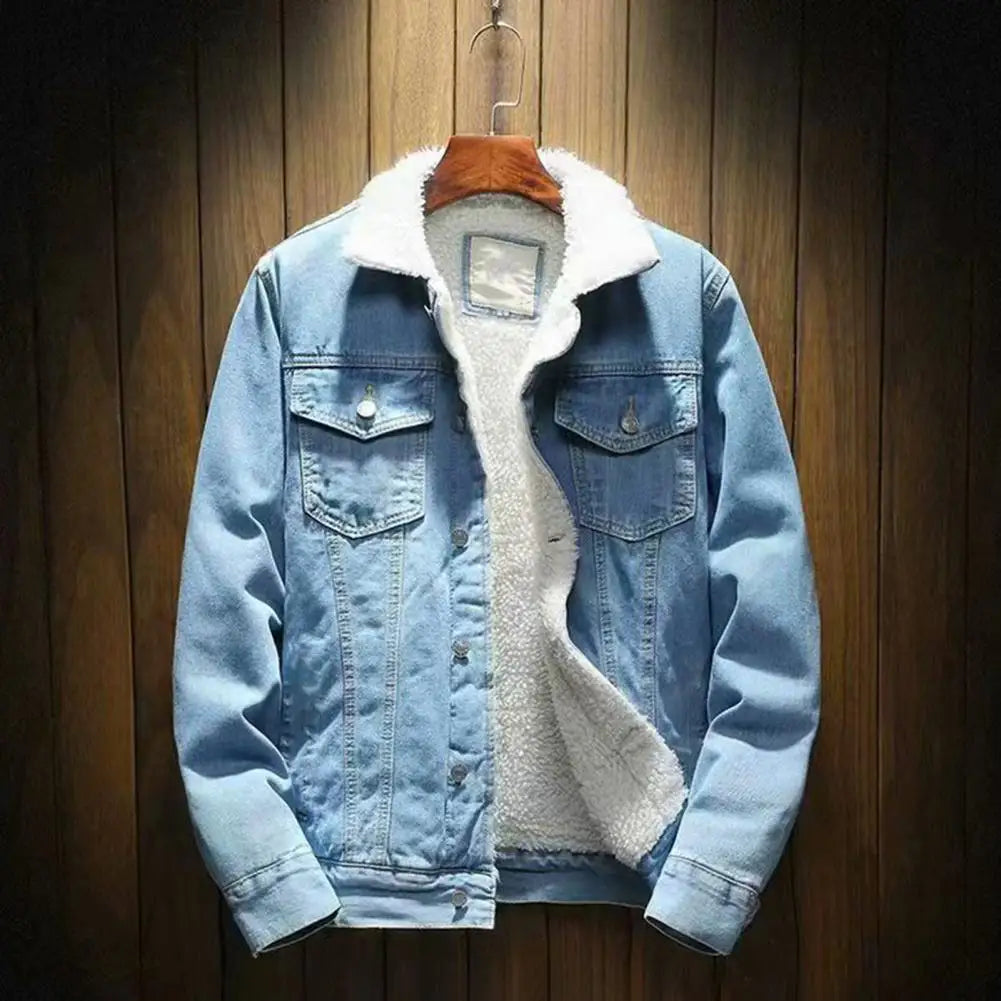 Men Jean Jacket Thicken Lamb Cashmere Lining Men Denim Coat Solid Color Coldproof Outerwear Winter Single Breasted Men Jean Coat