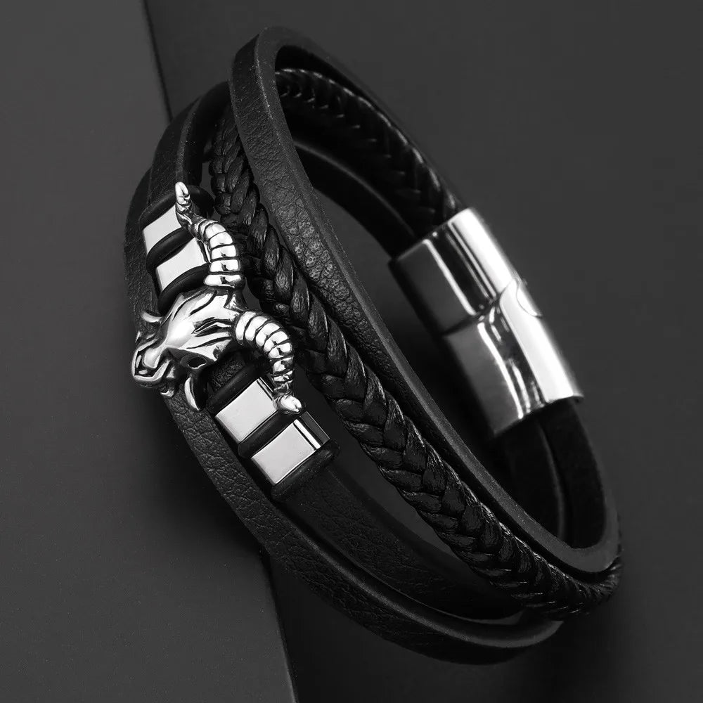 New Vintage Leather Woven Rope Bracelet Titanium Steel Sheep's Head Magnetic Buckle Men's Bracelet Fashion Jewelry Wholesale