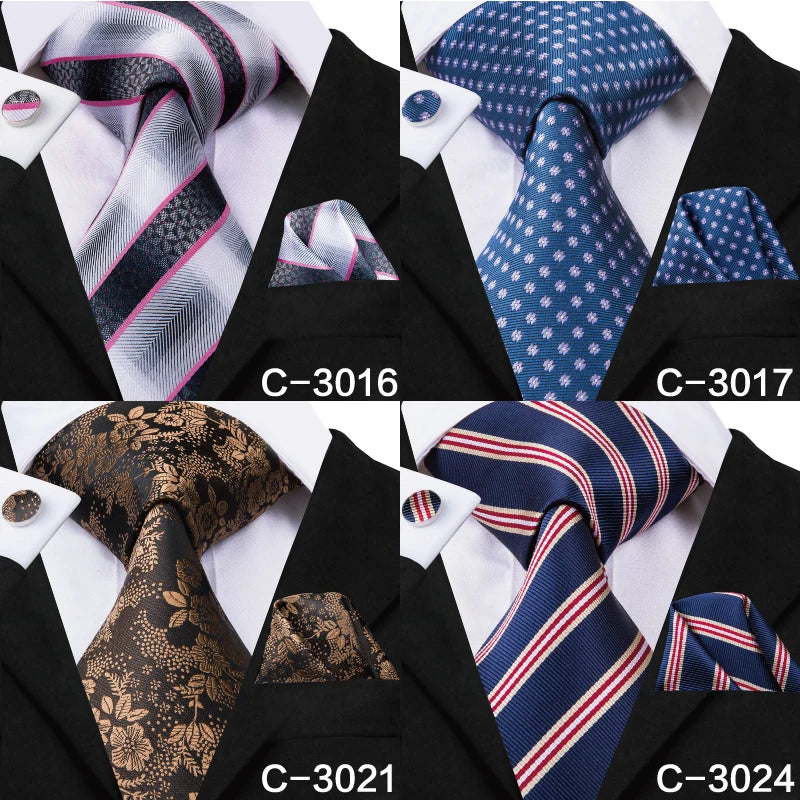 C-3014 Hi-Tie Men Tie Silk Necktie Plaid Brown Ties for Men High Quality Hanky Cufflinks Set Men's Wedding Pocket Square Tie Set