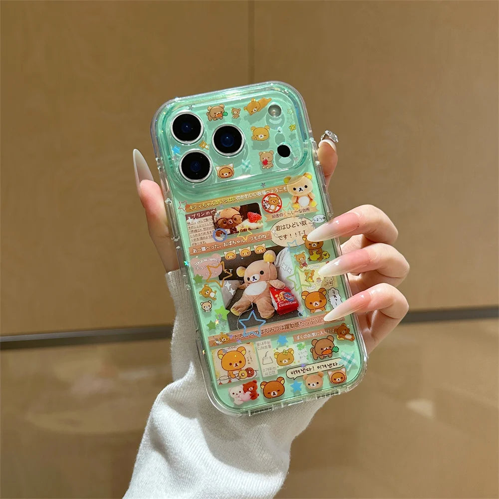 Kawaii Rilakkuma Cartoon Phone Case for iPhone 17 16 15 Pro16 Max 17 Pro Max Cover Cute Shockproof Funda Capa With Charm Cases