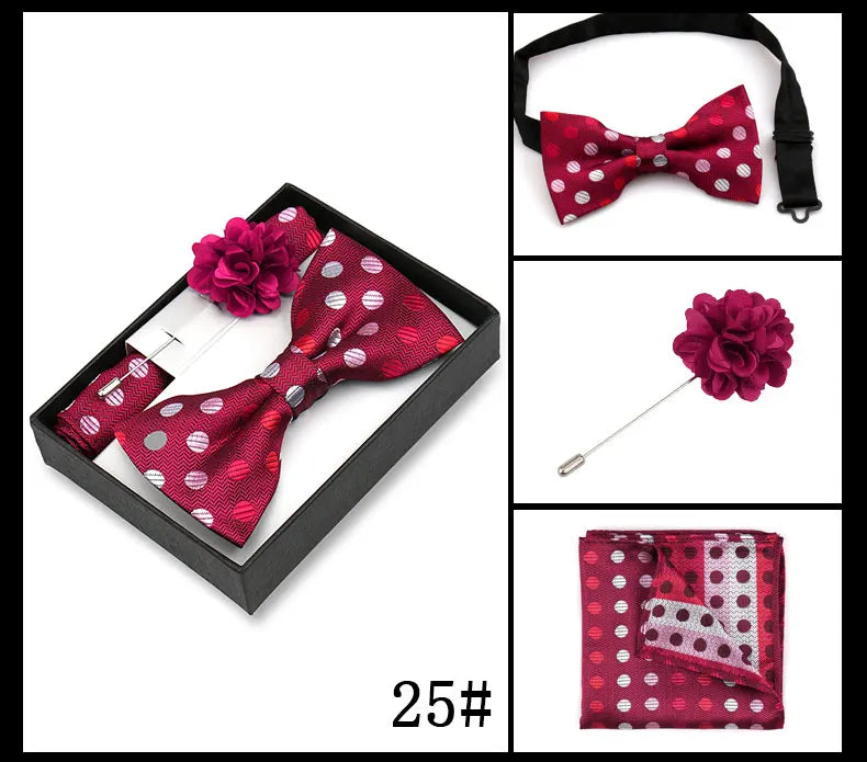 Classic High Quality Bow Tie Set Box Gift For Men Fashion Elegant Bowtie Handchief And Brooch Set Wedding Business Accessories