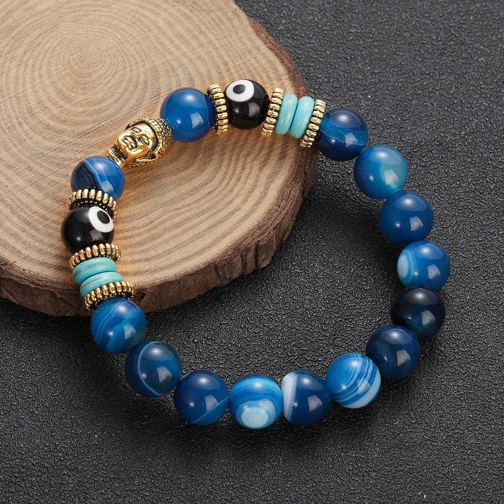 Classic Buddha&Evil Eye Bracelet Women Men 10mm Round Turquoises Blue Stone Bangles Handmade Elastic Yoga Bracelet
