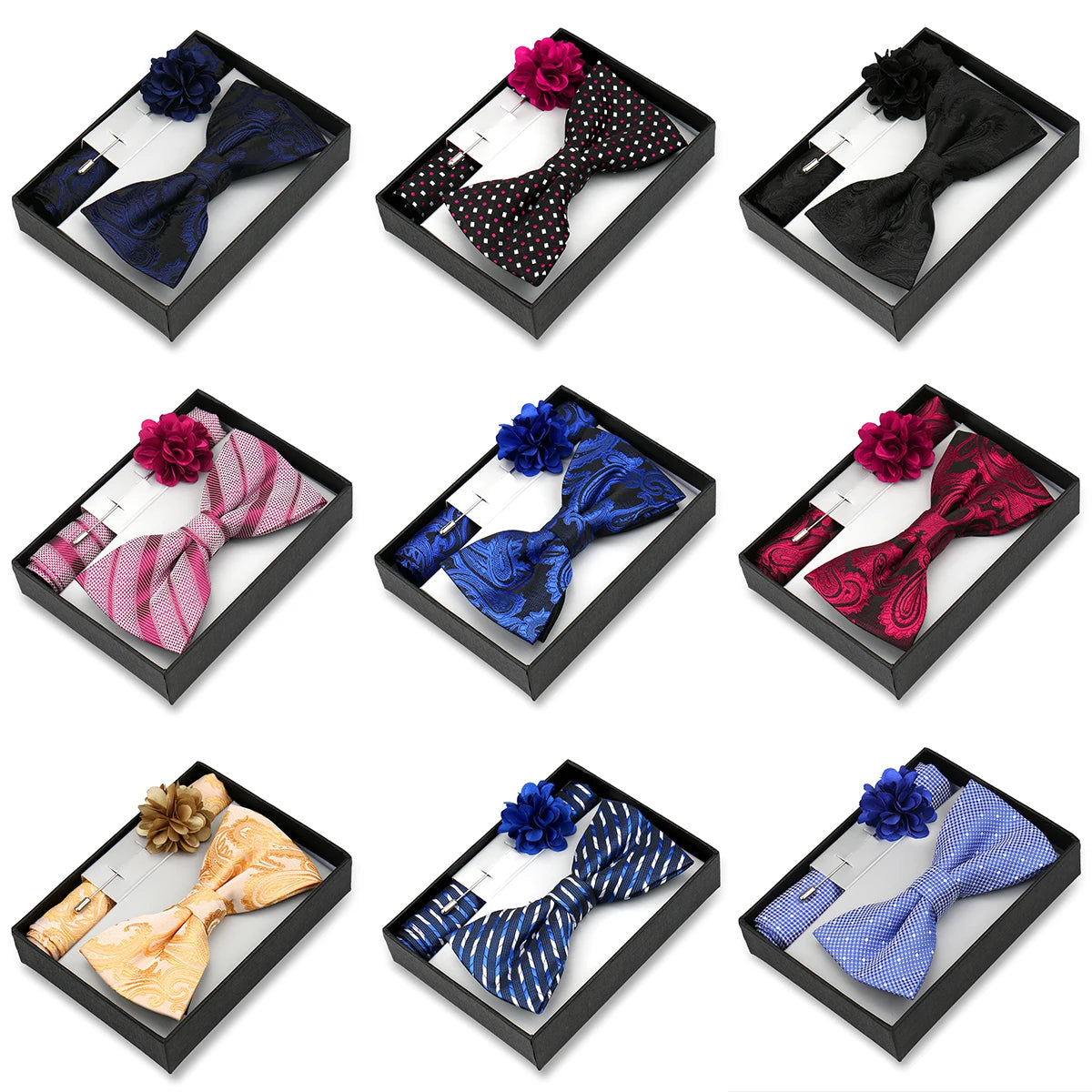 Classic High Quality Bow Tie Set Box Gift For Men Fashion Elegant Bowtie Handchief And Brooch Set Wedding Business Accessories