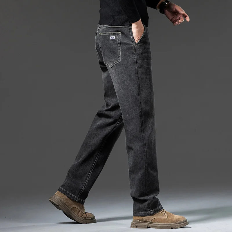Men's loose straight leg jeans retro washed elastic casual pants suitable for all seasons versatile pants