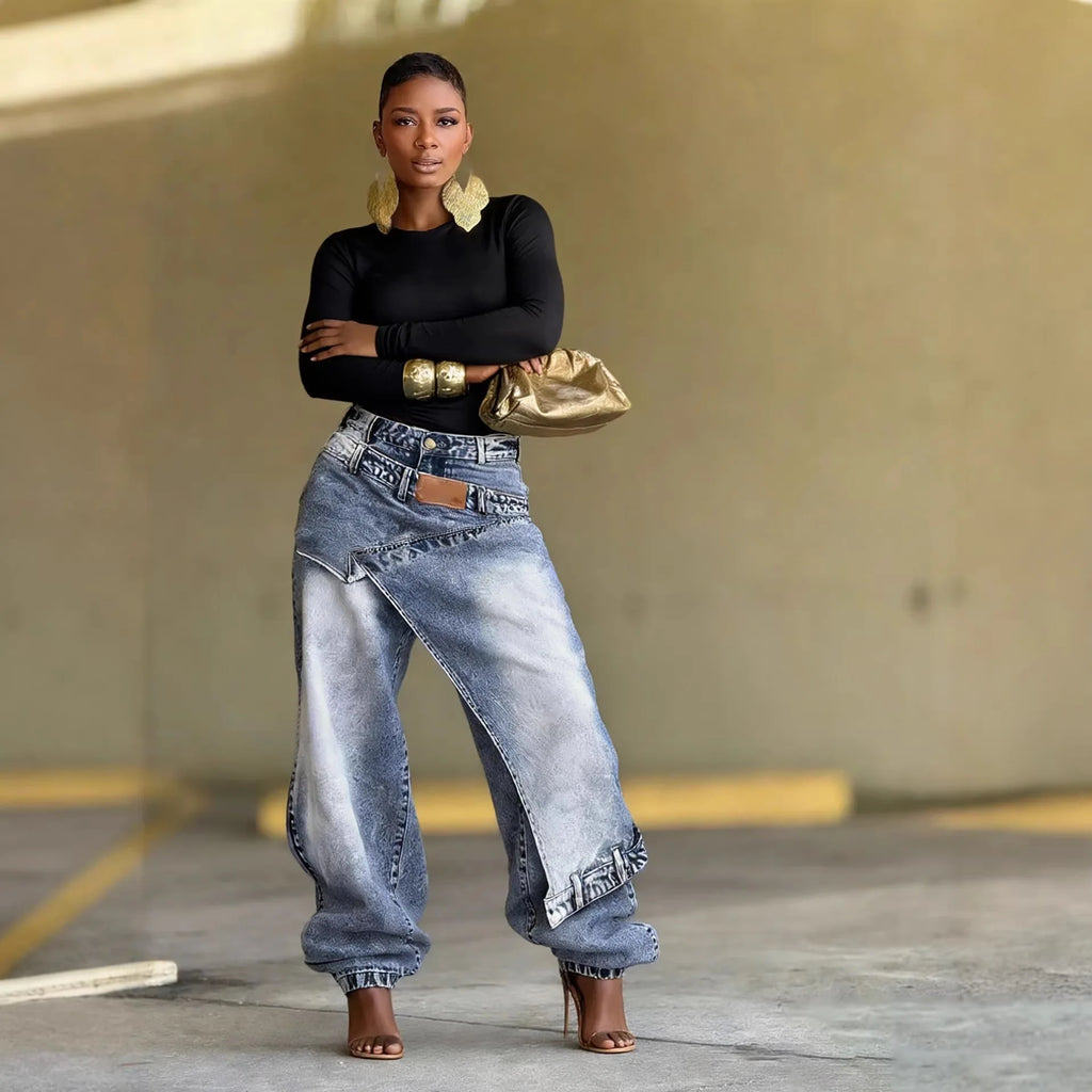 Jeans Women Vintage Wide Leg Pants Denims Washed Streetwear Patchwork Patches Straight Trousers Distressed Floor Length 2026