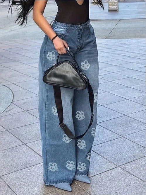 Women's Jeans 2025 Spring Autumn New Fashion Floral Print High Waist Pocket Design Loose Jeans Straight Leg Casual Spants