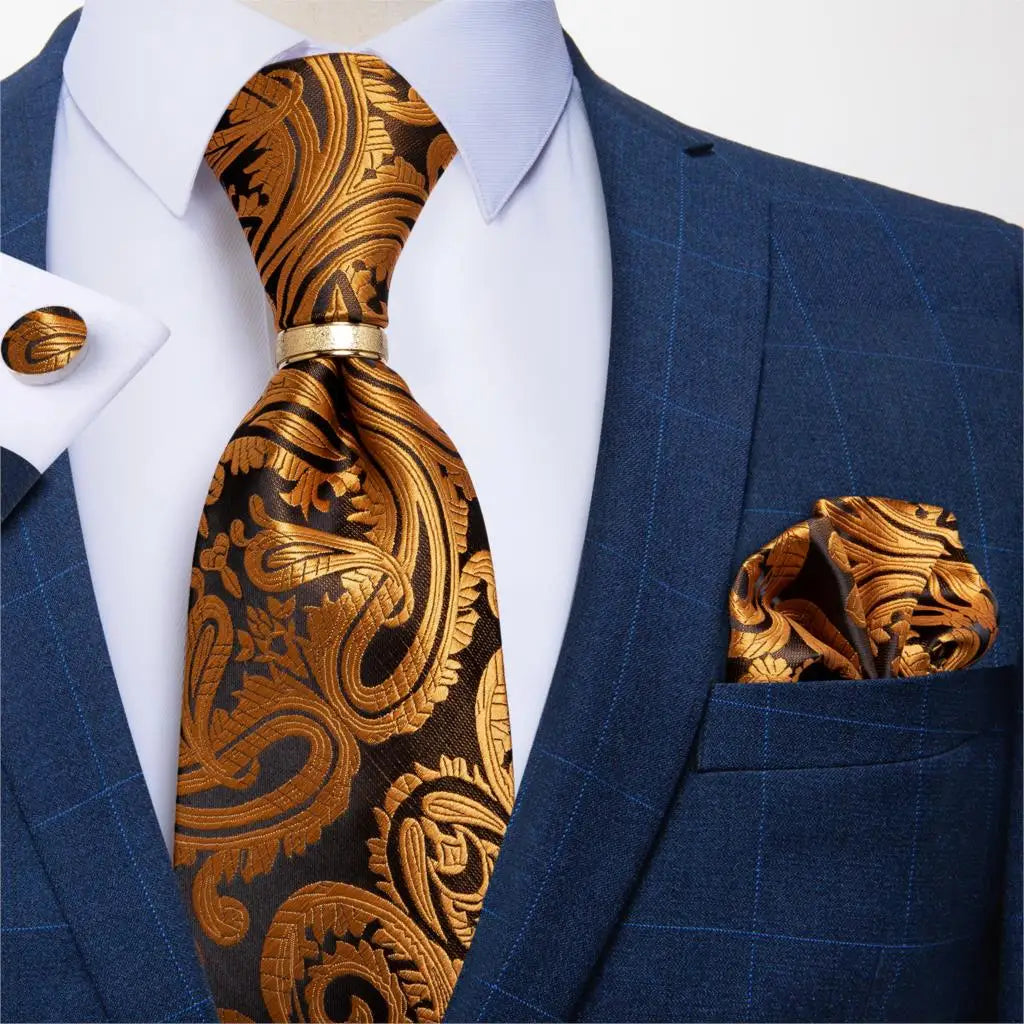 Men's Tie Handkerchief Cuffink Necktie Set Jacquard Woven Silk Blue Wedding Formal Business Party Necktie Ring Set DiBanGu