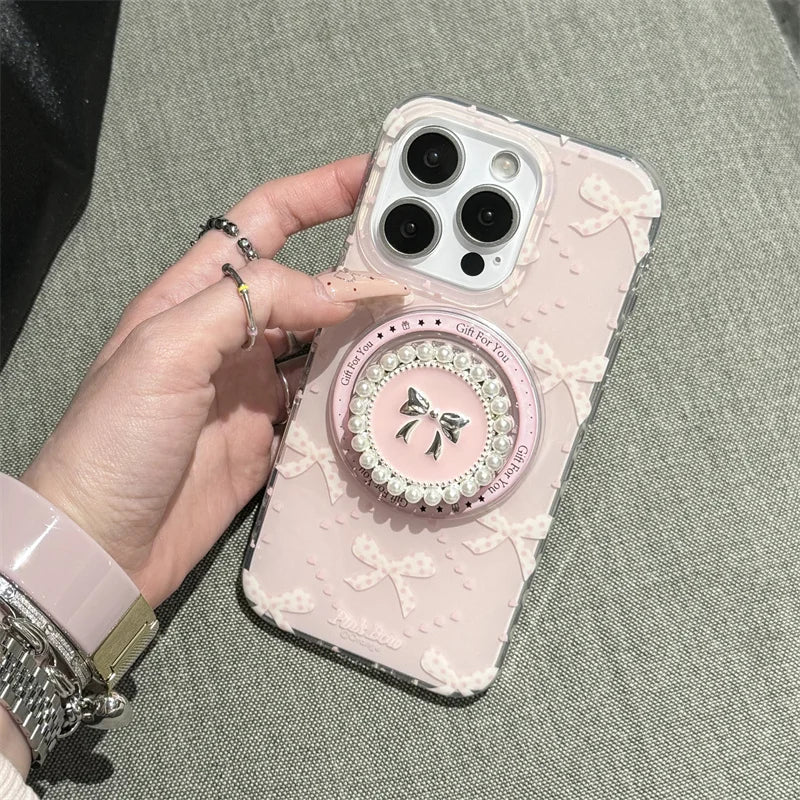 Lovely Magnetic Phone Case For iPhone 16 Pro 15 14 13 Pro Max 15Pro Cover with Pearl Bowknot Stand Shockproof Cases for Magsafe