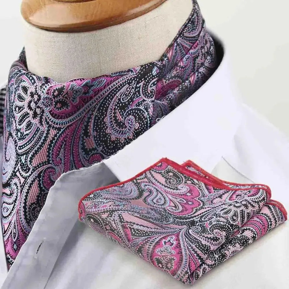 Polyester Cravat Pocket Square Set Formal Necktie Handkerchief Ascot Self Tie Polka Dot Paisley Design Gentleman Necktie Gifts