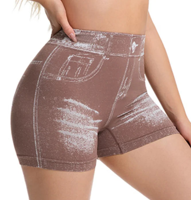 Jeans-like seamless yoga shorts with a V-shaped back, designed to enhance the posterior and provide quick-drying, form-fitting r