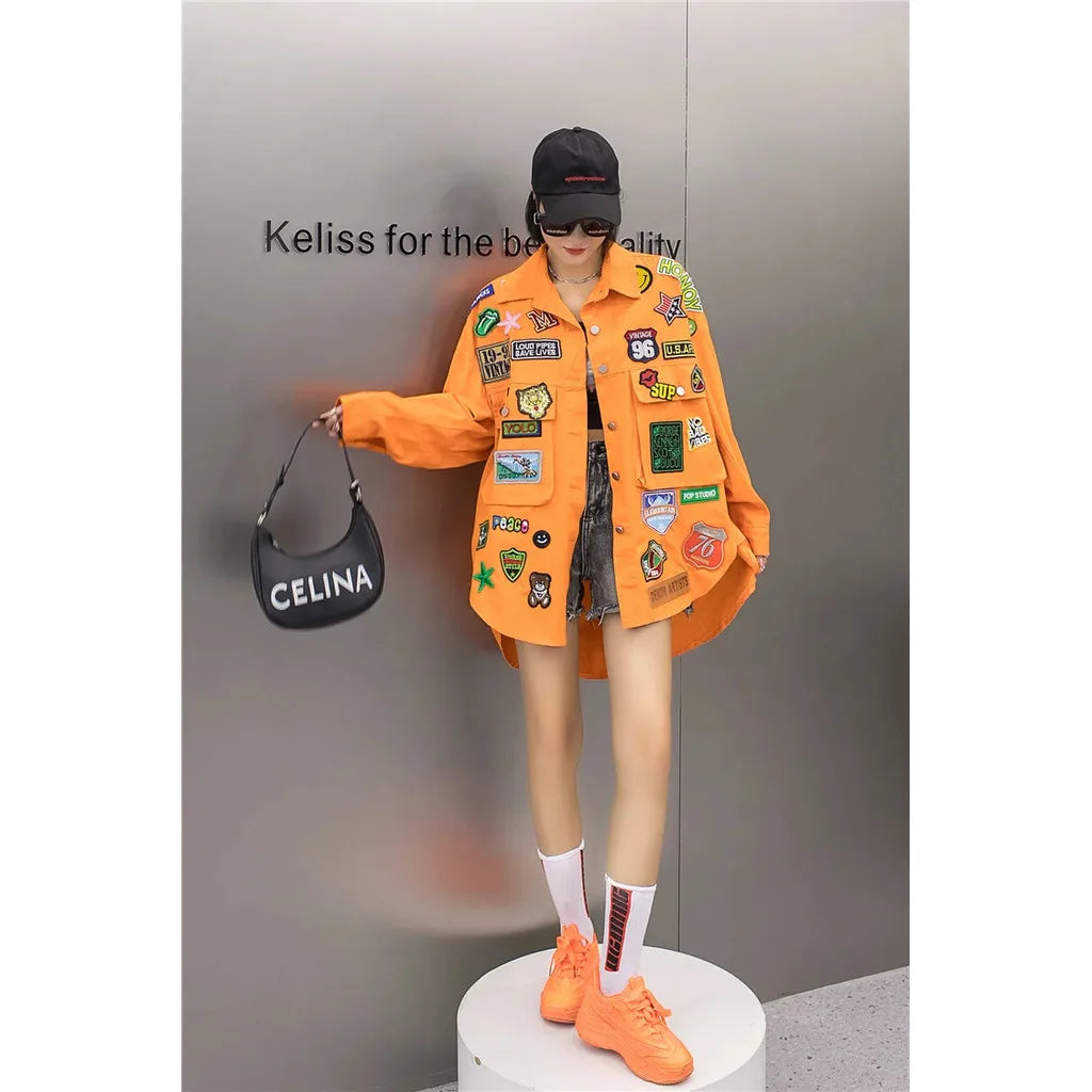 Fashion Embroidery Patches Denim Jacket Coat Women Harajuku Streetwear Hip Hop Trend Loose Jean Jackets Outerwear