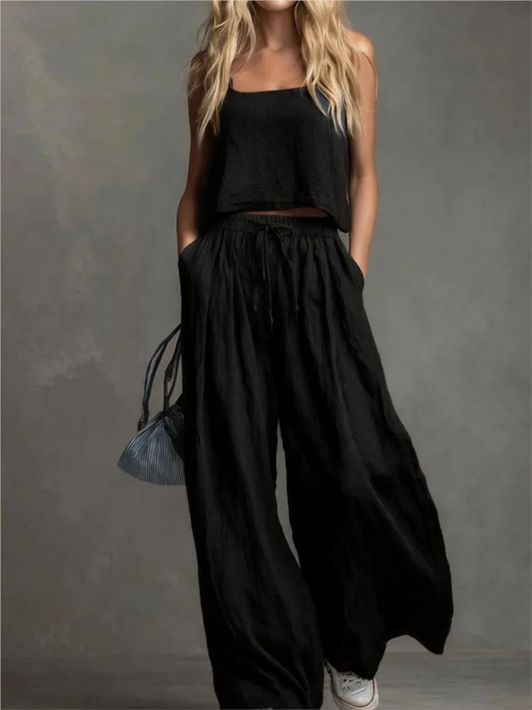 Suspender Top Women + Wide-leg Trousers Women 2piece Set Summer Fashion Elastic Waist Lace-up Pocket Trousers Casual Suit Female