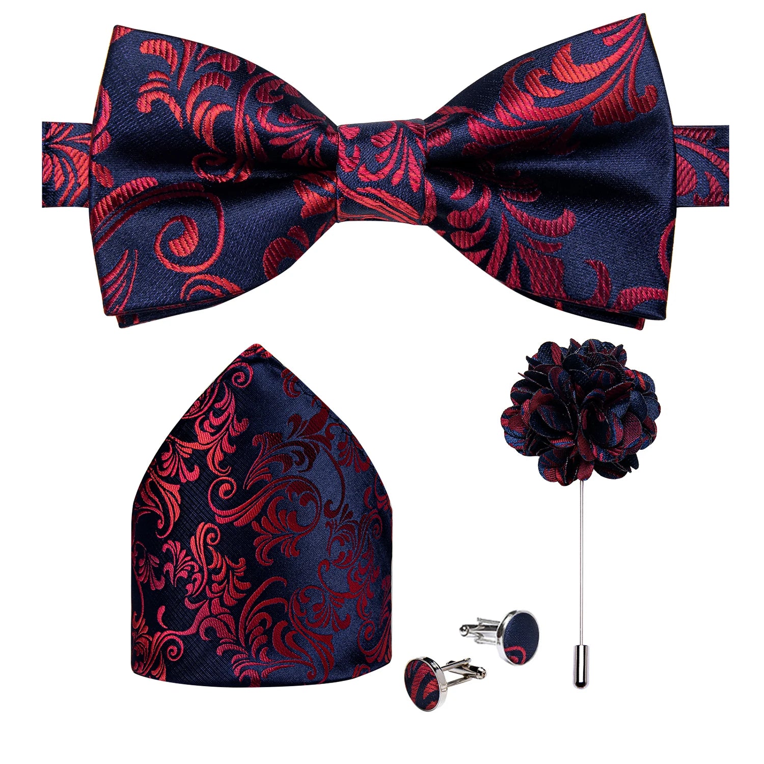 Wedding Bow Tie for Men Classic Red Pre-tied Bowtie Cufflinks Corsage Set for Party Butterfly Knot Gift Man Accessories