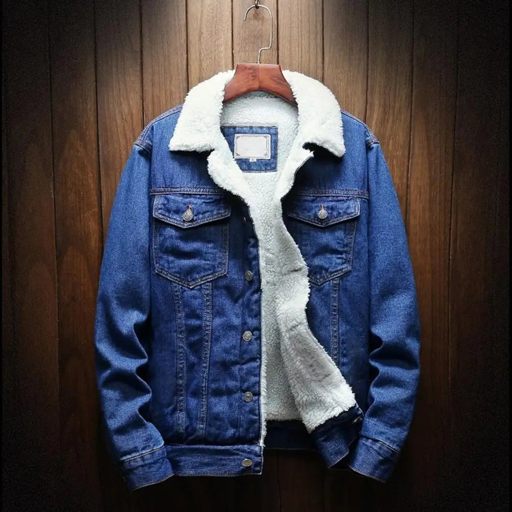 Men Jean Jacket Thicken Lamb Cashmere Lining Men Denim Coat Solid Color Coldproof Outerwear Winter Single Breasted Men Jean Coat