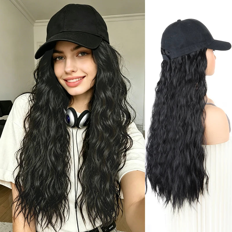 Hat Wig for Women, Integrated Design Baseball Cap Wig, Synthetic Long Curly Wavy Hair Extensions, Adjustable Black Baseball Cap