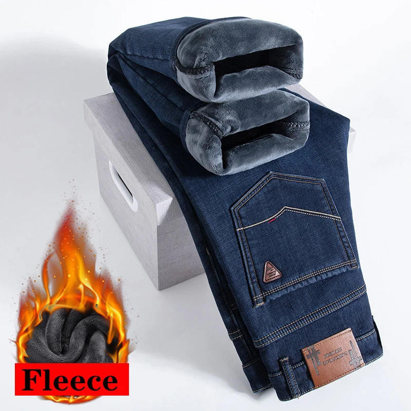 High Quality Men Fleece Jeans Business Casual Slim Straight Denim Trousers Autumn Winter New Plus Size Thickened Warm Men Pants