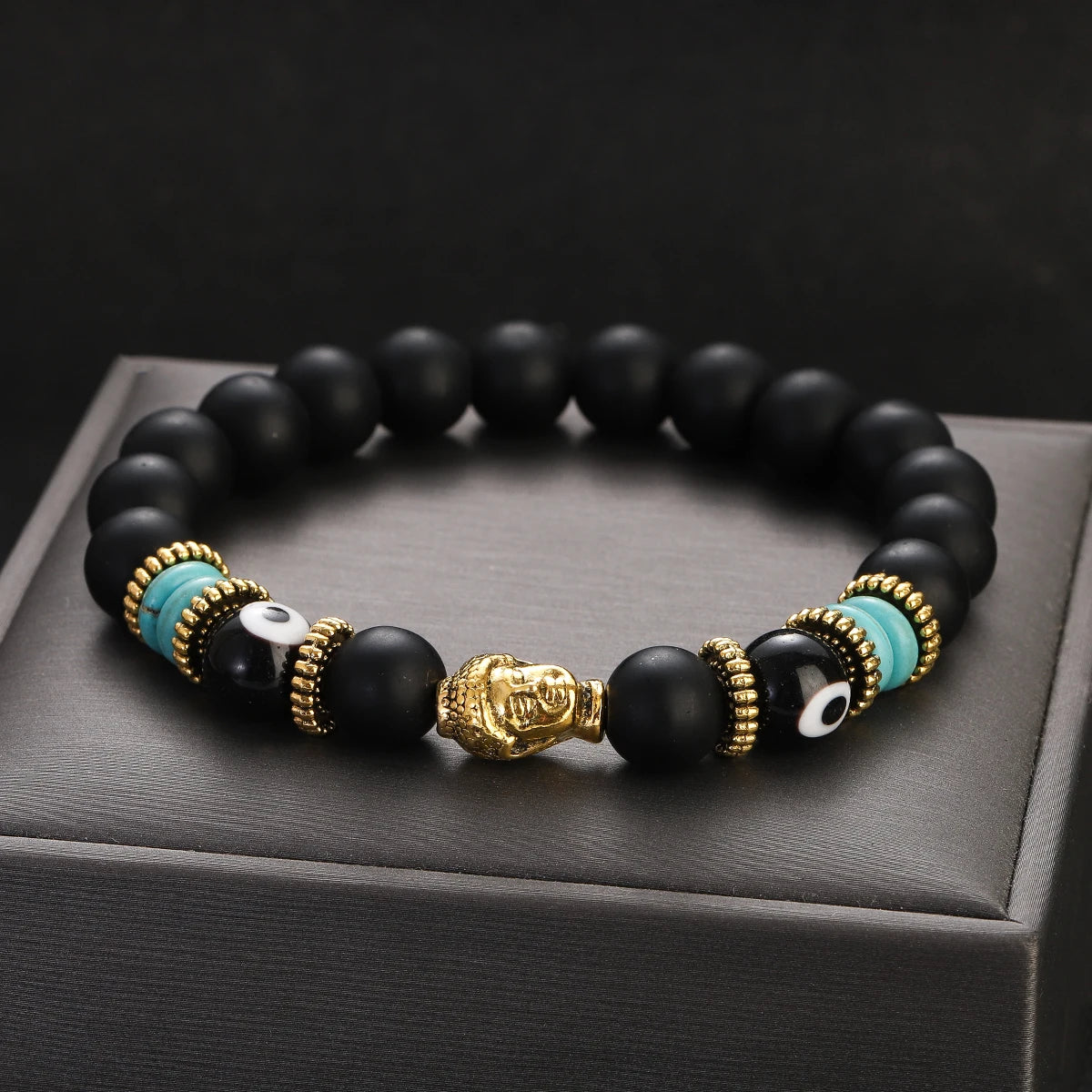 Classic Buddha&Evil Eye Bracelet Women Men 10mm Round Turquoises Blue Stone Bangles Handmade Elastic Yoga Bracelet
