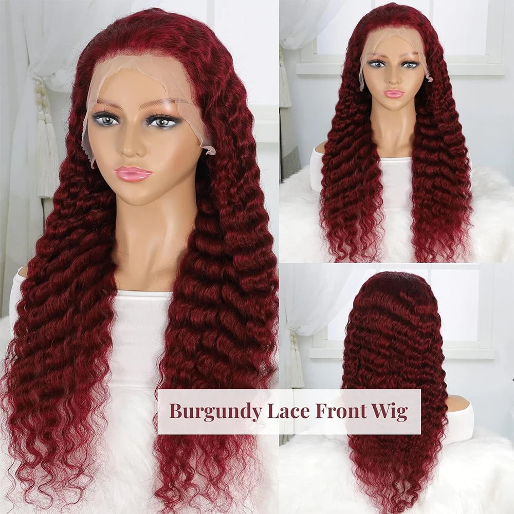 Burgundy Colored Human Hair Wig Deep Wave 13x4 Lace Frontal Wigs HD Transparent Lace Curly Hair Wig for Women