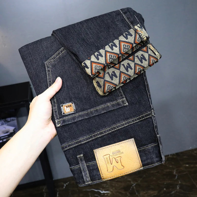 On The New Embroidered Jeans Men's Light Luxury Trend Senior Sense of All Straight Tube Lace-up Adult Gentleman Comfortable