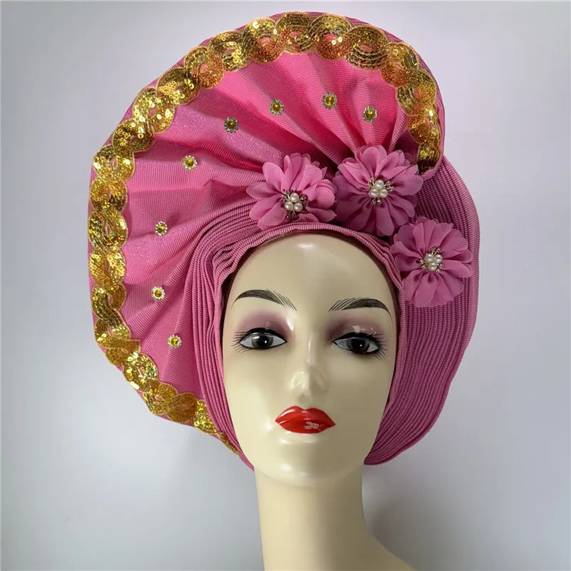 High Quality African Nigeria Gele Elegant Helmet With Stones Headband Turban Head Scarf Head-Hat Auto Gele Brand New Hats 7L5191