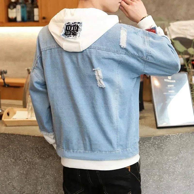 Customizable Men Denim Jacket Streetwear Hip Hop Men's Hooded Jean Jackets Male Casual Loose Outerwear Fashion Slim Fit Coat