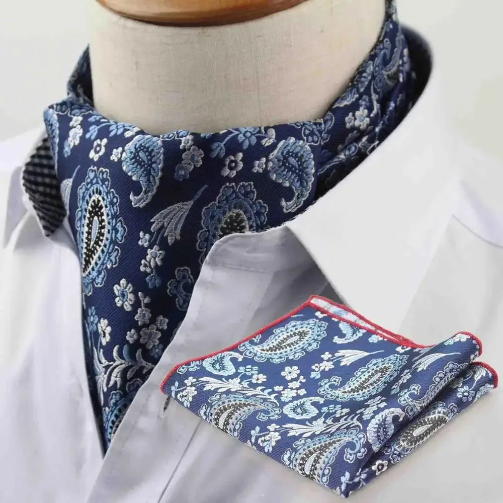 Polyester Cravat Pocket Square Set Formal Necktie Handkerchief Ascot Self Tie Polka Dot Paisley Design Gentleman Necktie Gifts