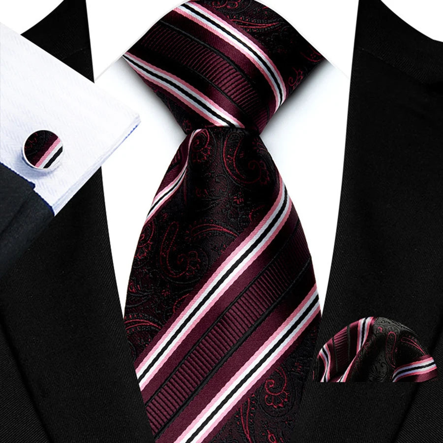 Mens Tie Set Stripes Necktie and Pocket Square Cufflinks Tie Clip Classic Formal Neck Ties for Men Wedding Business Party