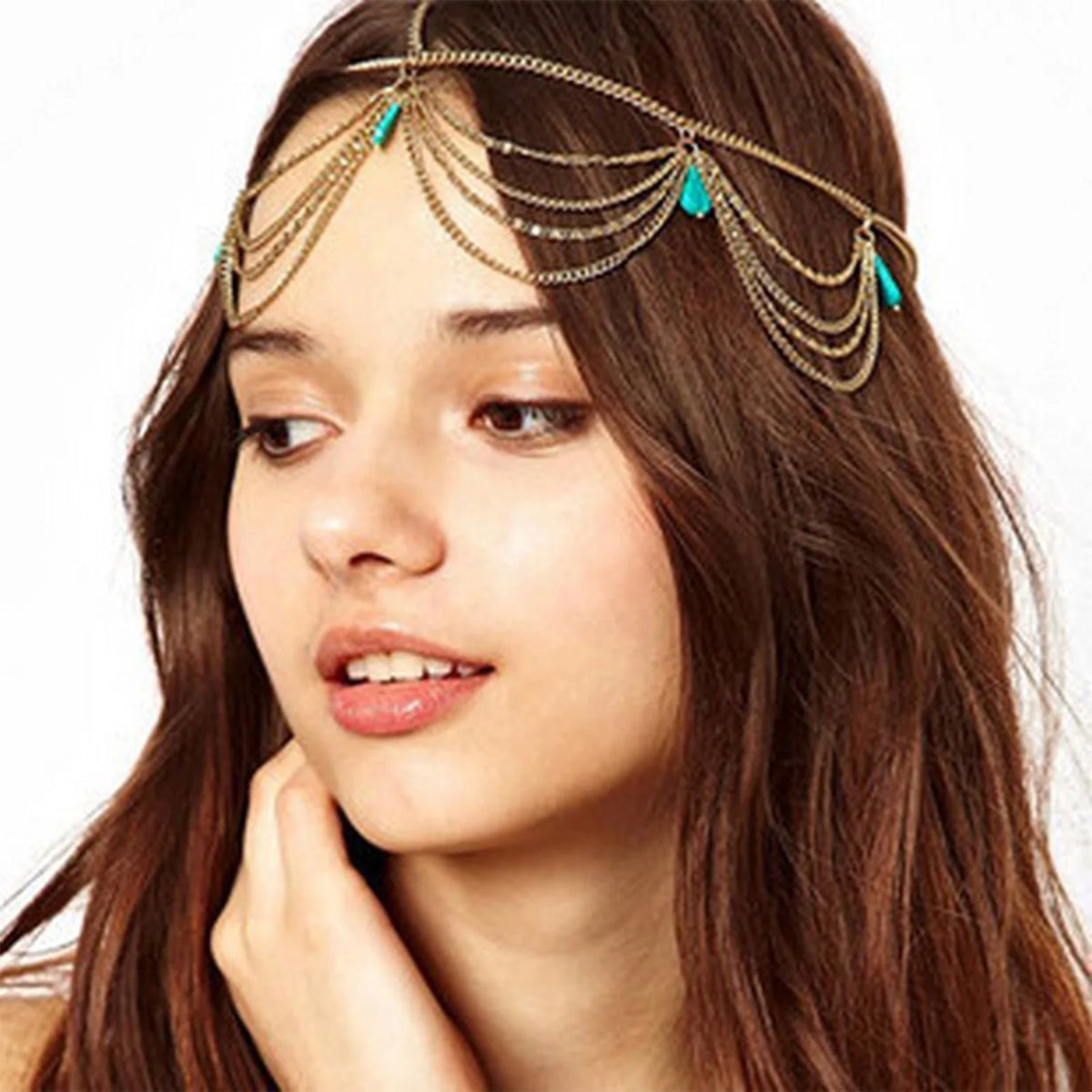Bohemian Hair Accessories For Women Elegant Vintage Turquoise Forehead Chain Exquisite Tassel Gemstone Hair Chain Hair Hoop