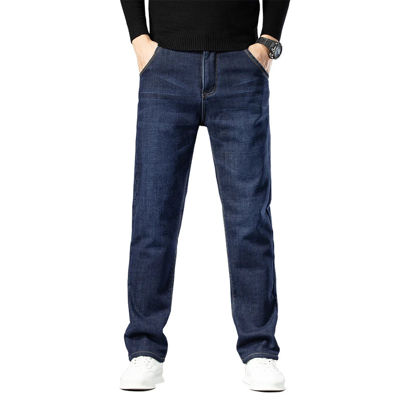 High Quality Men Fleece Jeans Business Casual Slim Straight Denim Trousers Autumn Winter New Plus Size Thickened Warm Men Pants