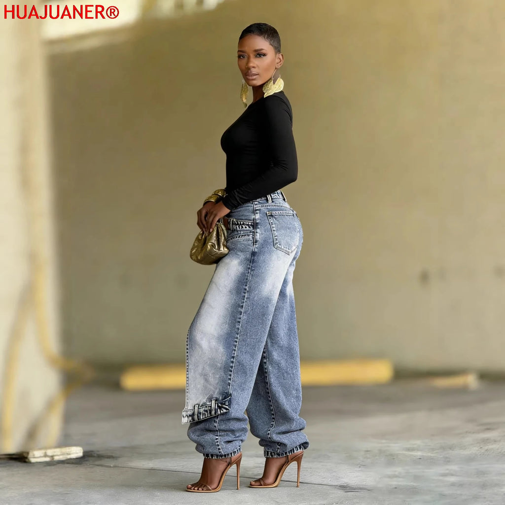 Jeans Women Vintage Wide Leg Pants Denims Washed Streetwear Patchwork Patches Straight Trousers Distressed Floor Length 2026