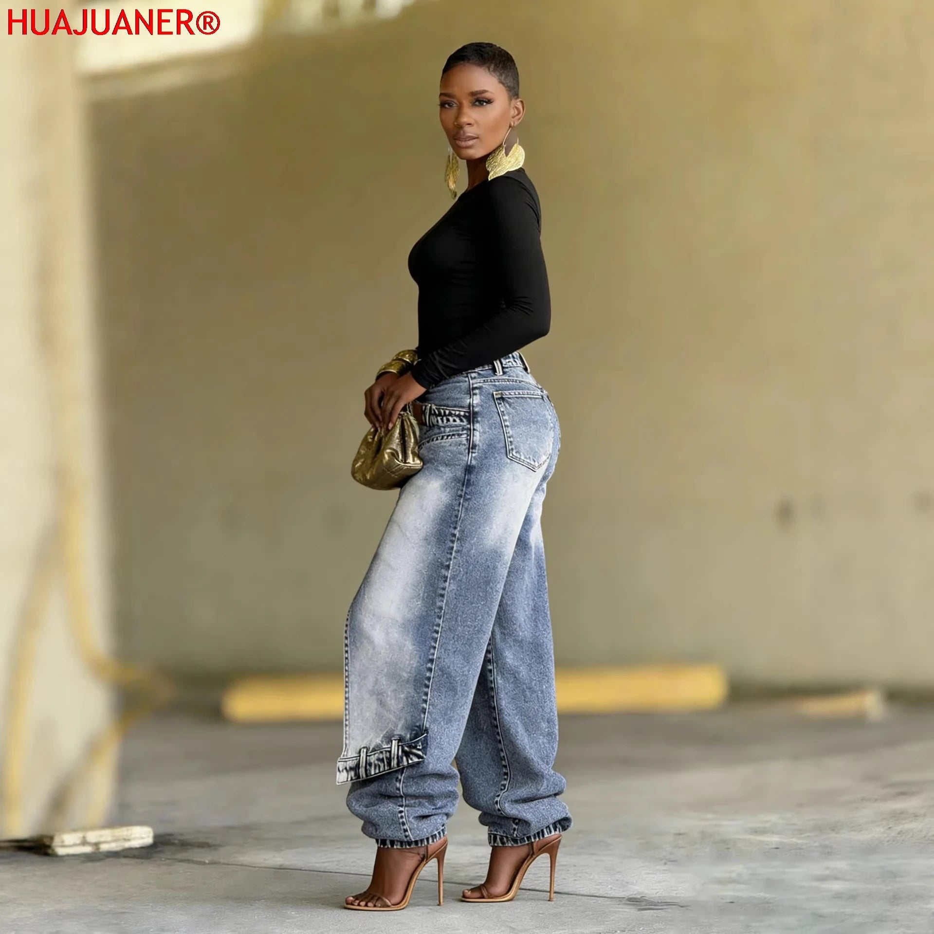 Jeans Women Vintage Wide Leg Pants Denims Washed Streetwear Patchwork Patches Straight Trousers Distressed Floor Length 2026