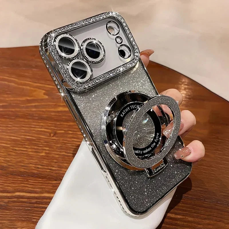 Plating transparent diamond glitter magnetic phone case for iPhone 17 16 13 14 15 Pro Max lens protection bracket back cover