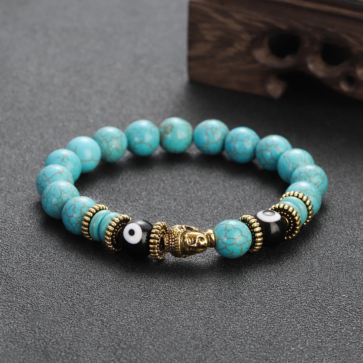 Classic Buddha&Evil Eye Bracelet Women Men 10mm Round Turquoises Blue Stone Bangles Handmade Elastic Yoga Bracelet