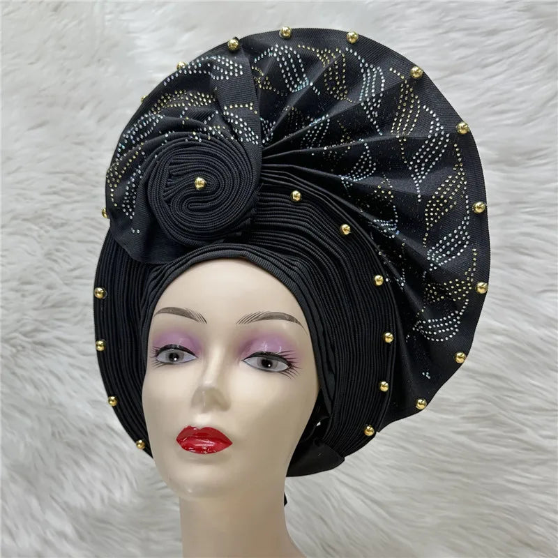High Quality African Nigeria Gele Elegant Helmet With Stones Headband Turban Head Scarf Head-Hat Auto Gele Brand New Hats 7L1181