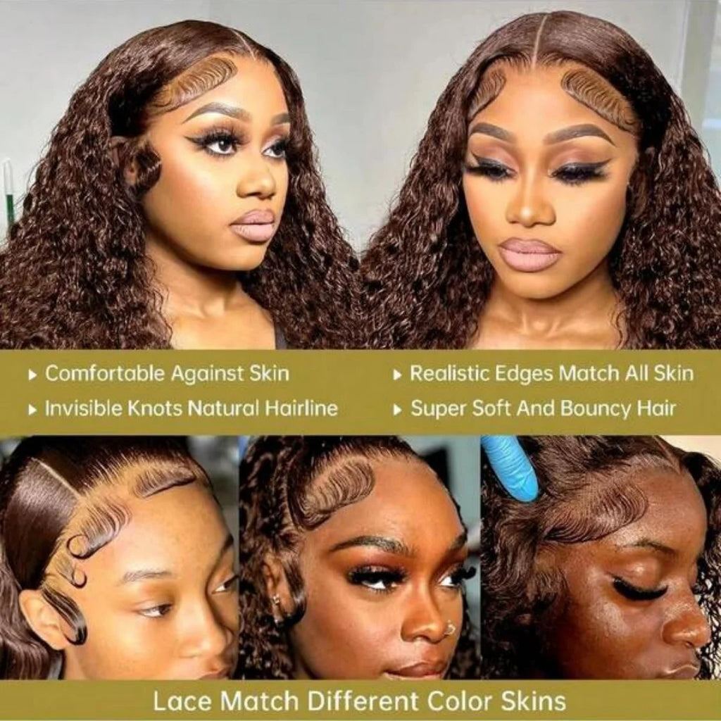34Inch Chocolate Brown Kinky Curly 13x4 Human Hair Wig Jerry Curly 13x4 Transprent Lace Front Human Hair Wig PrePlucked Lace Wig