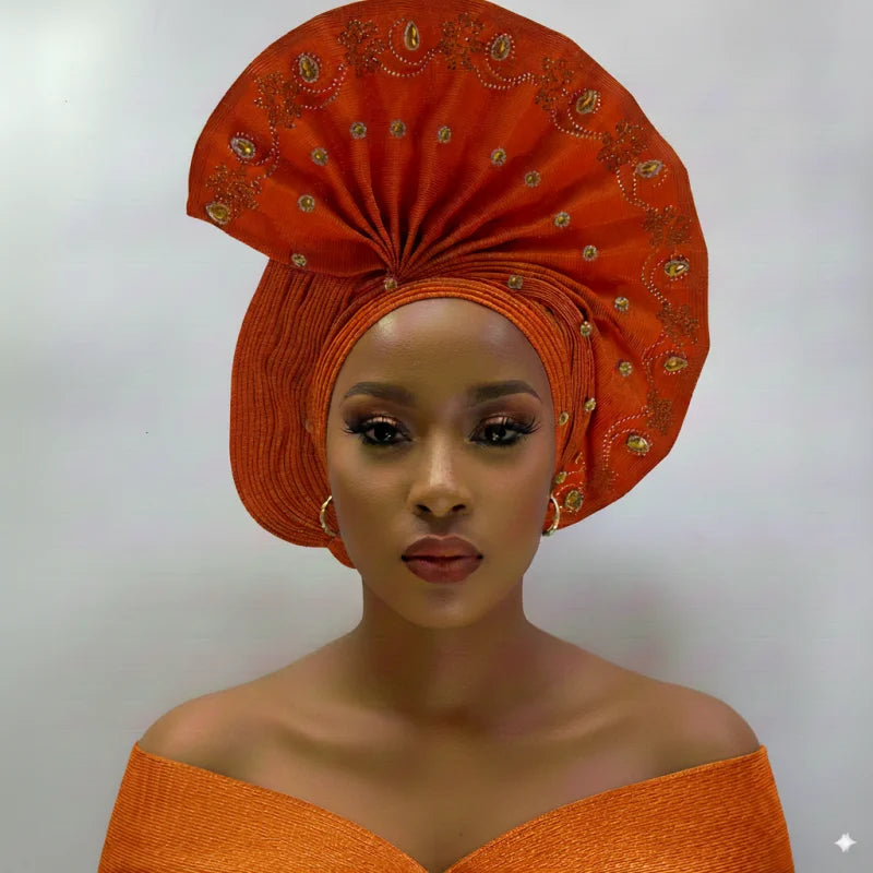High Quality African Nigeria Gele Elegant Helmet With Stones Headband Turban Head Scarf Head-Hat Auto Gele Brand New Hats 7L1181