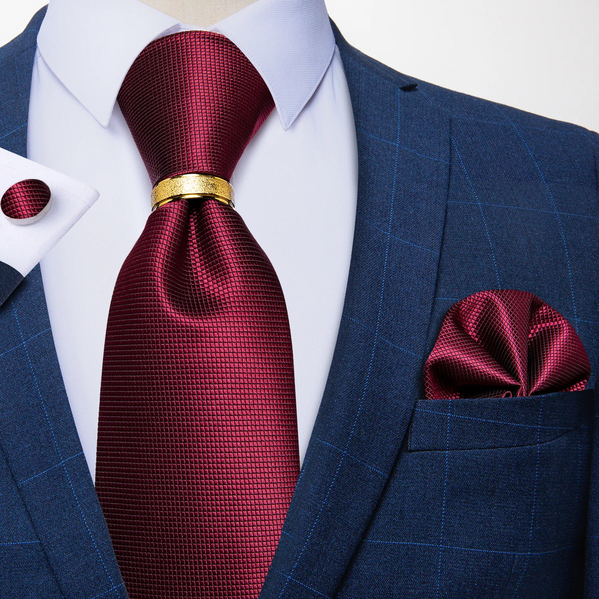 Men's Tie Handkerchief Cuffink Necktie Set Jacquard Woven Silk Blue Wedding Formal Business Party Necktie Ring Set DiBanGu