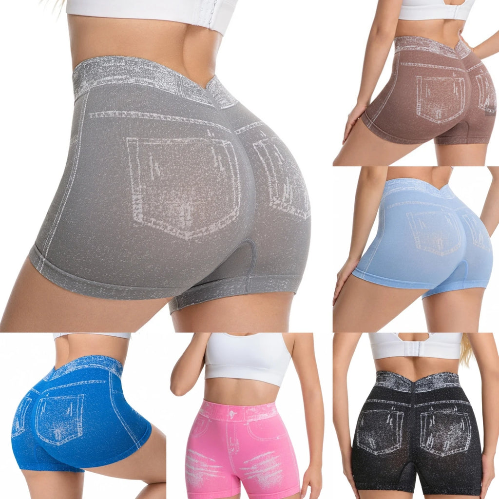 Jeans-like seamless yoga shorts with a V-shaped back, designed to enhance the posterior and provide quick-drying, form-fitting r