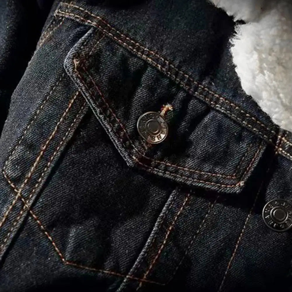 Men Jean Jacket Thicken Lamb Cashmere Lining Men Denim Coat Solid Color Coldproof Outerwear Winter Single Breasted Men Jean Coat