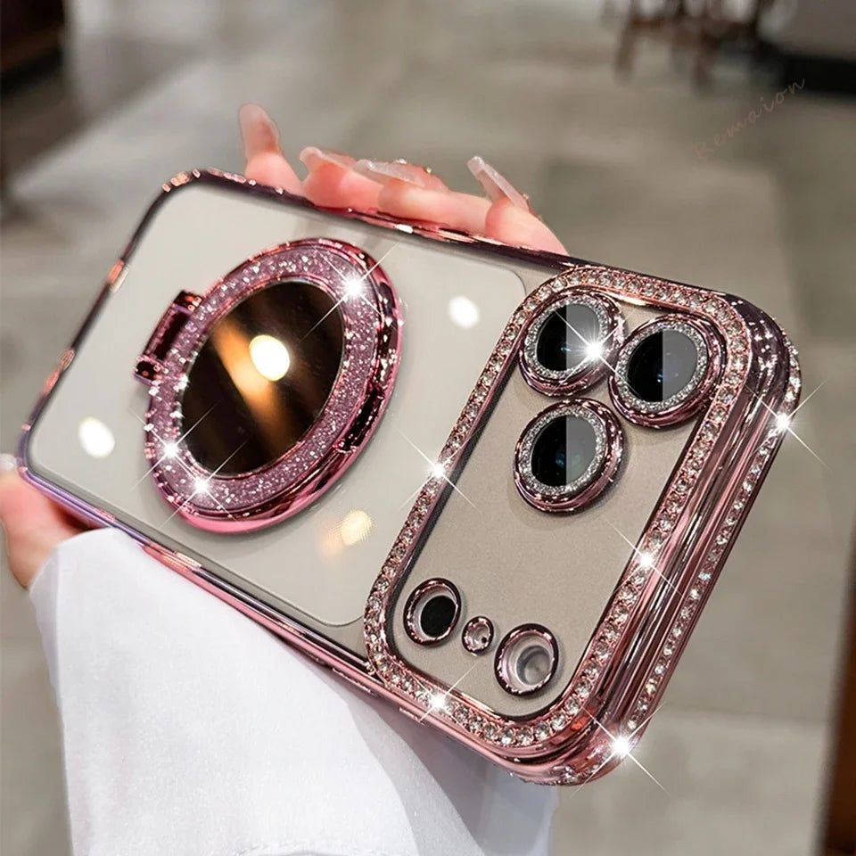 Diamond Mirror Magnetic Case For iPhone 17 Air 16E 16 15 14 Plus 13 11 12 16 Pro Max Magsafe Glitter Transparent Protector Cover