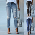 Women Straight Leg Jeans Ripped Distressed Denim Pants Classic Blue Stretch for Casual Daily Wear Skinny Fit