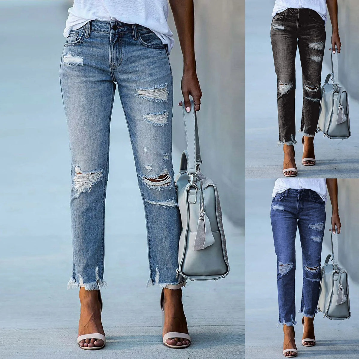 Women Straight Leg Jeans Ripped Distressed Denim Pants Classic Blue Stretch for Casual Daily Wear Skinny Fit