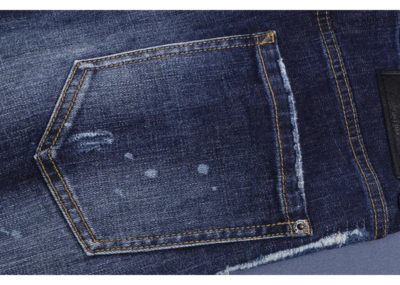 Fashionable men's deep blue jeans with scratches, washed water, nostalgic stretch, slim fit, painted jeans, designer high street